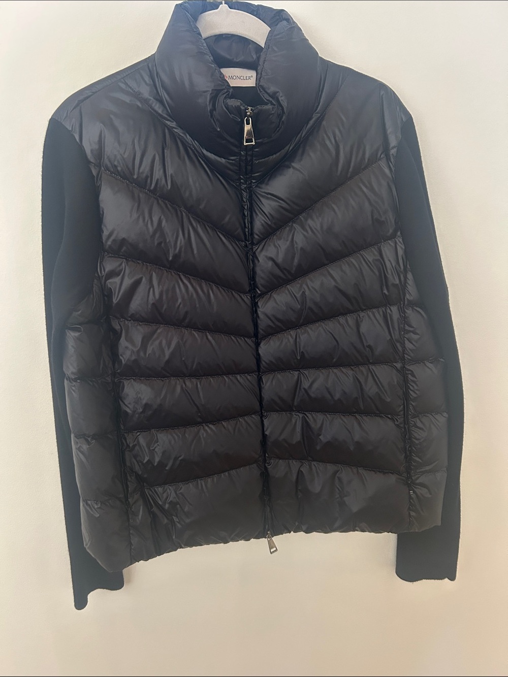 Moncler Black Quilted Puffer Jacket with Knit Sleeves